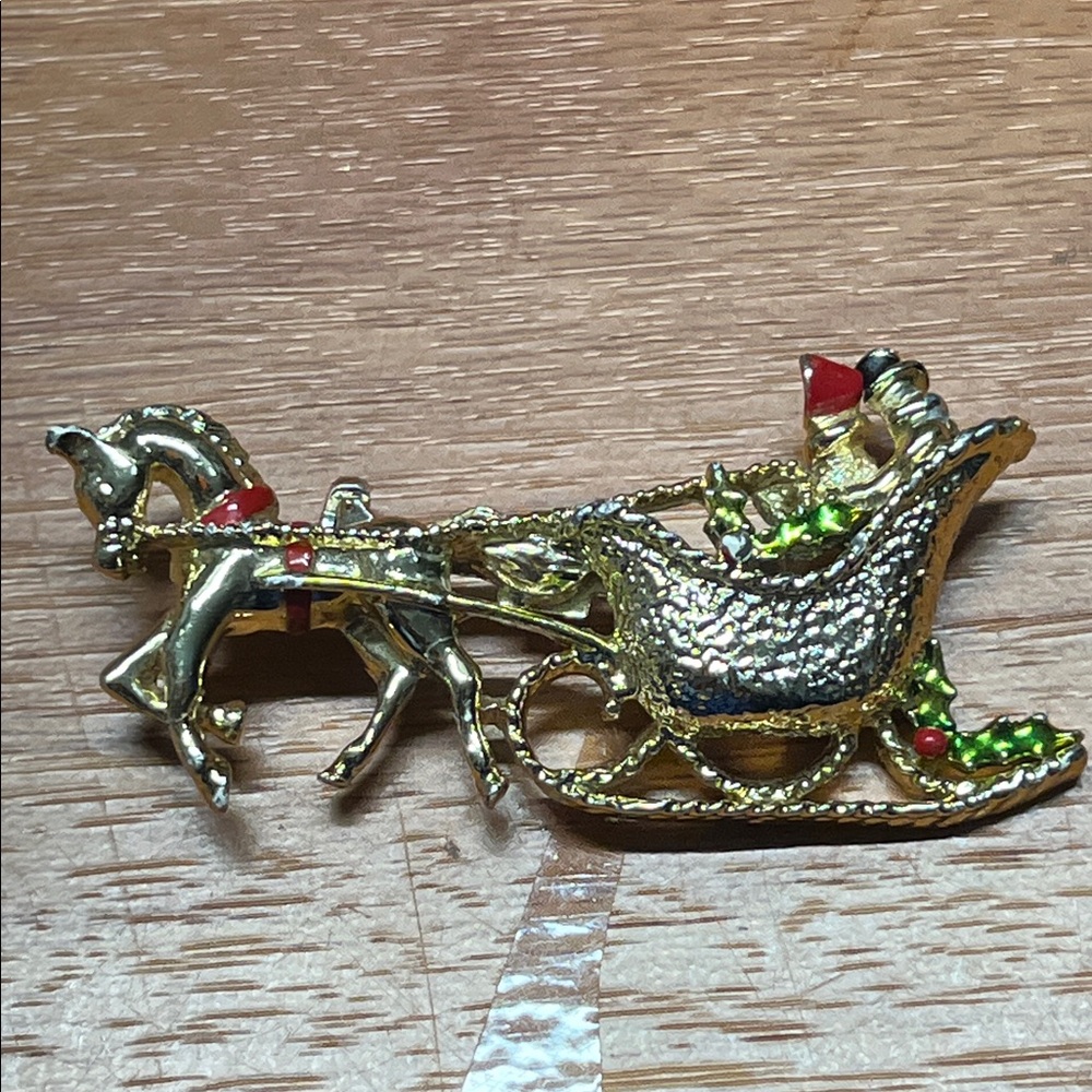 Gold Sleigh and Reindeer Brooch
